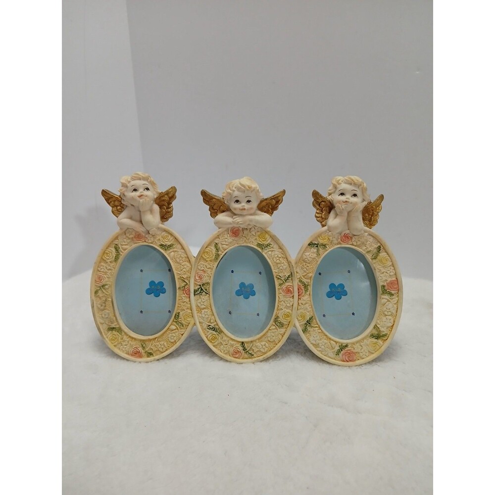 ​Vintage‎ Prestige Cherub Angel Triple Oval Picture Frame Roses Nursery Decor